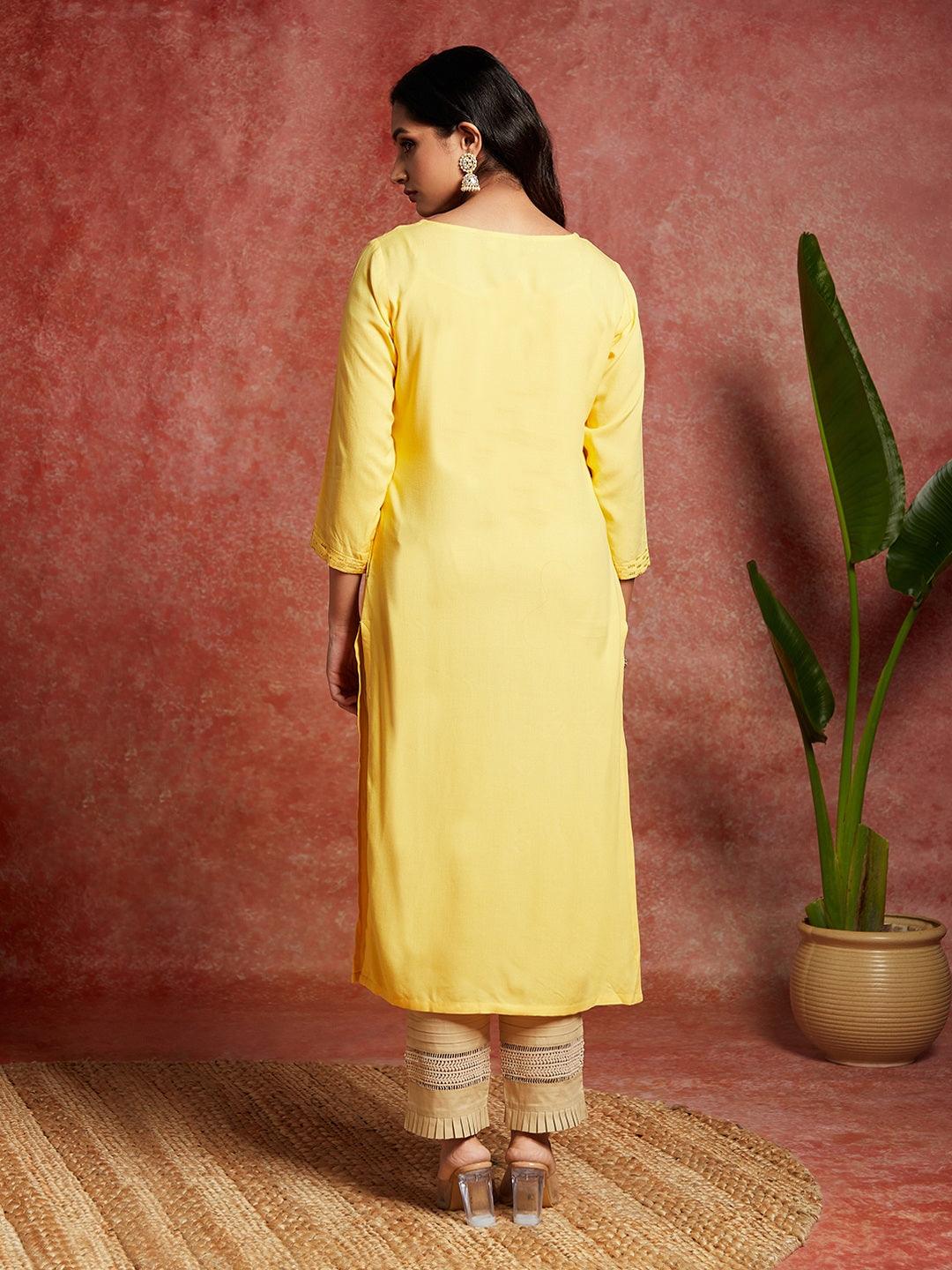 Yellow Embroidered Rayon Straight Kurta