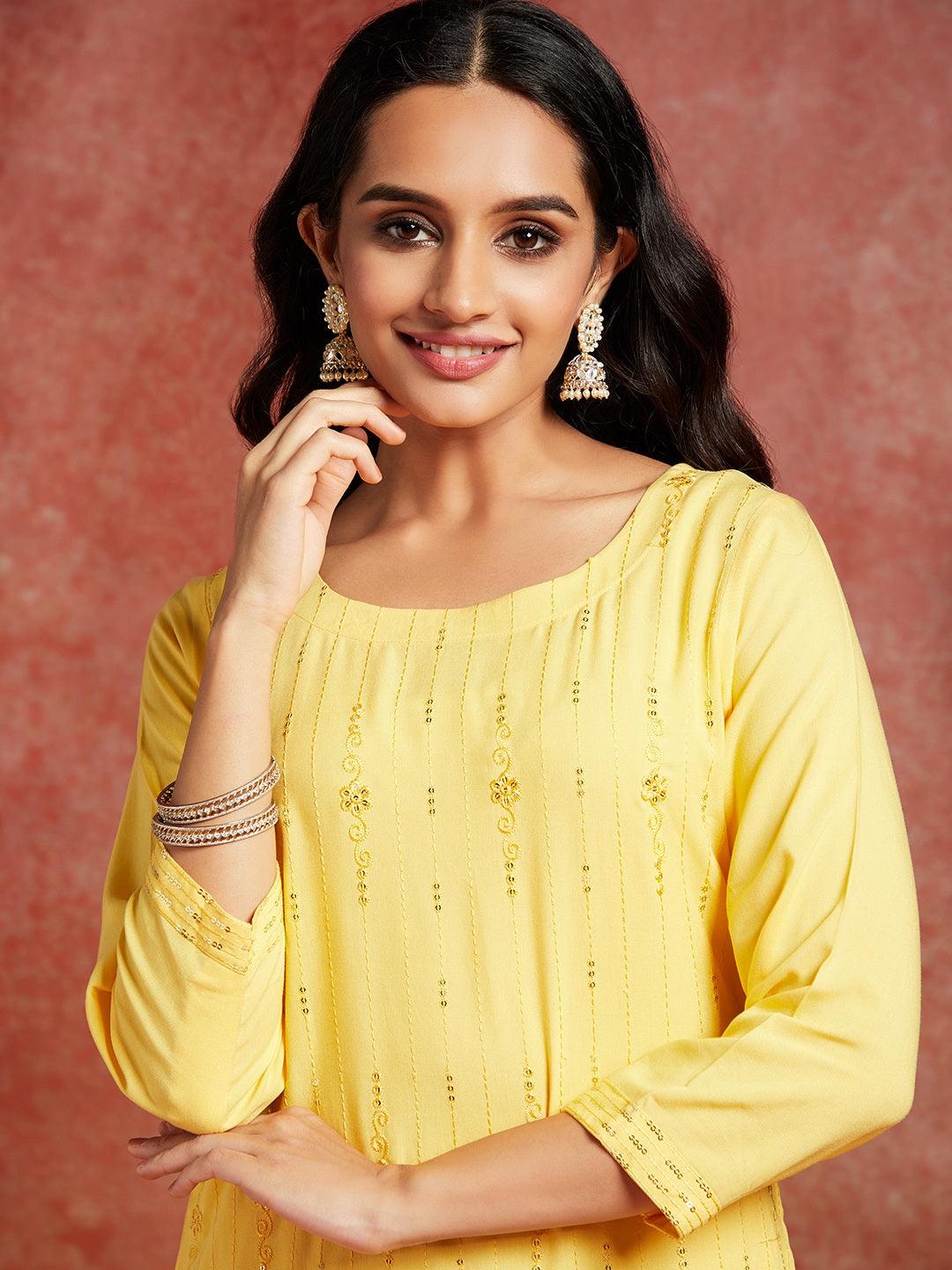 Yellow Embroidered Rayon Straight Kurta - ShopLibas