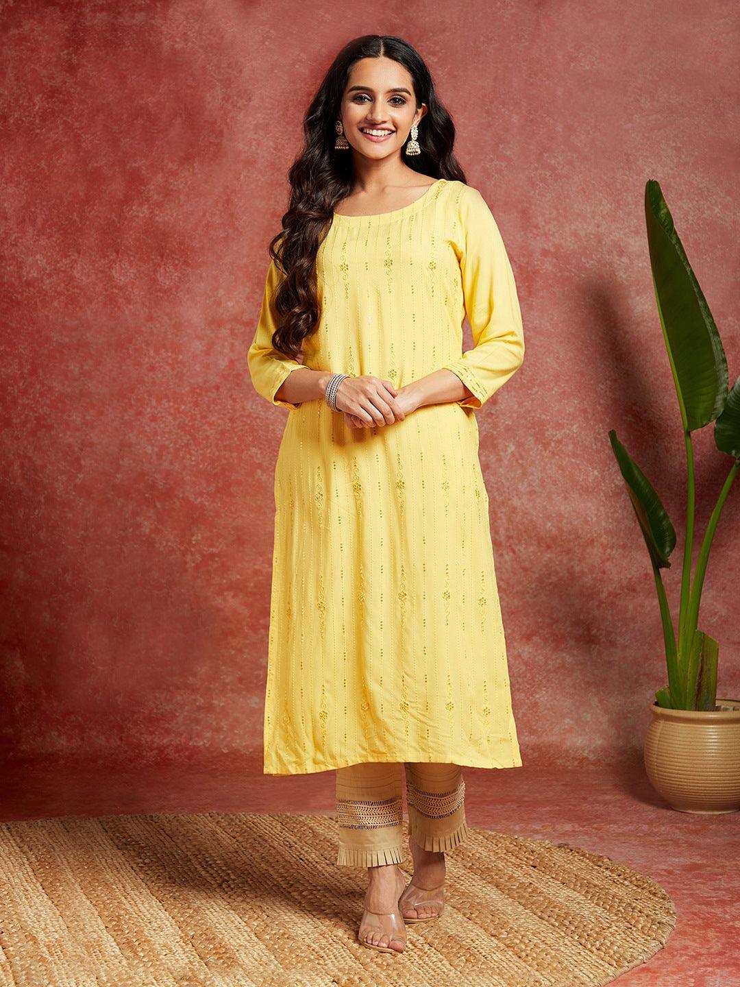 Yellow Embroidered Rayon Straight Kurta - ShopLibas