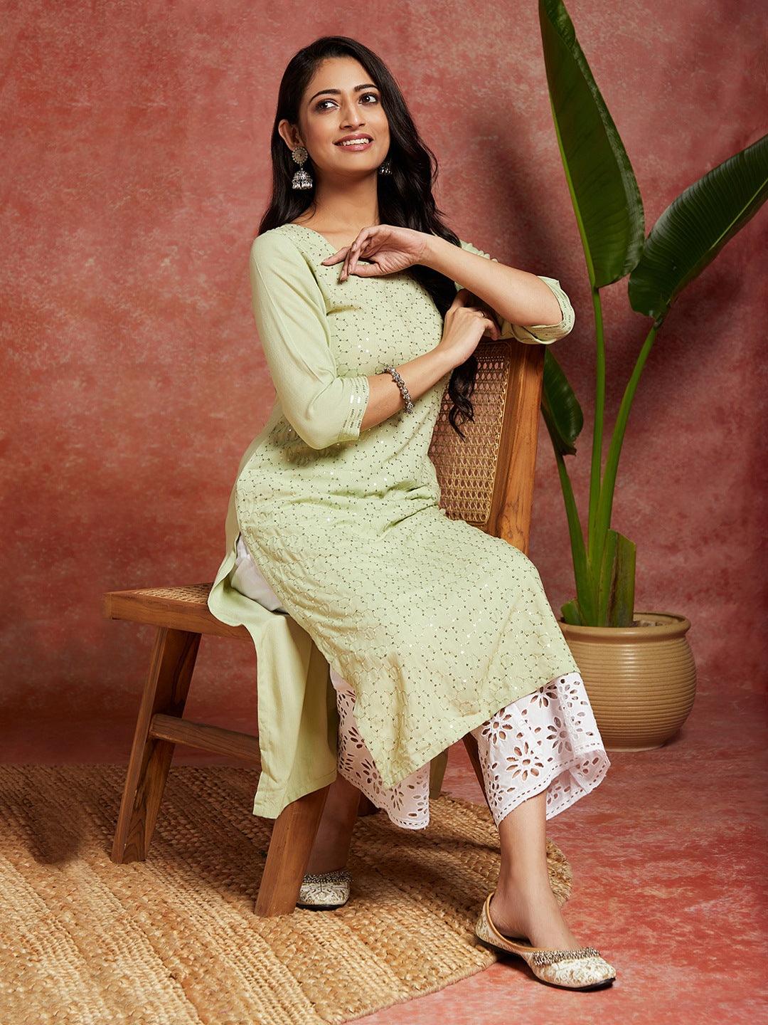 Green Embellished Rayon Straight Kurta - ShopLibas