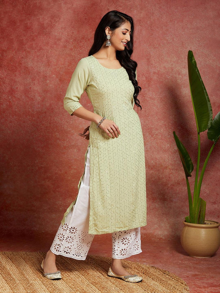 Green Embellished Rayon Straight Kurta - ShopLibas