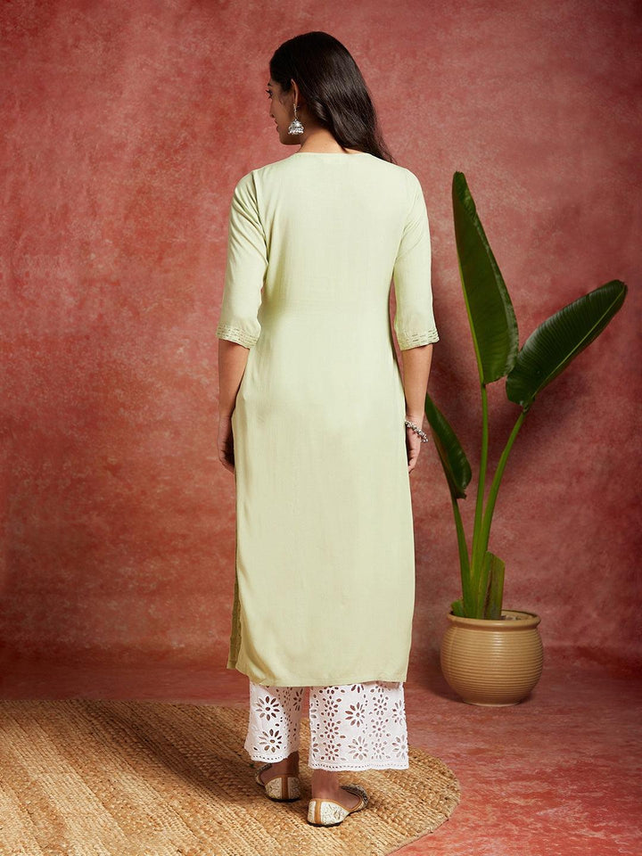 Green Embellished Rayon Straight Kurta - ShopLibas