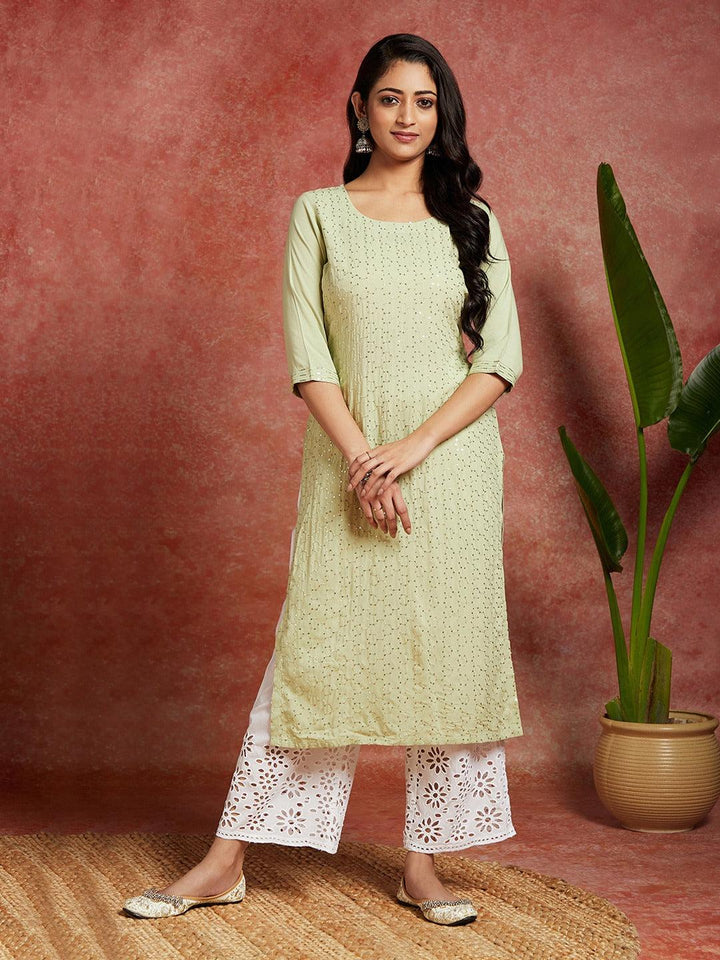 Green Embellished Rayon Straight Kurta - ShopLibas