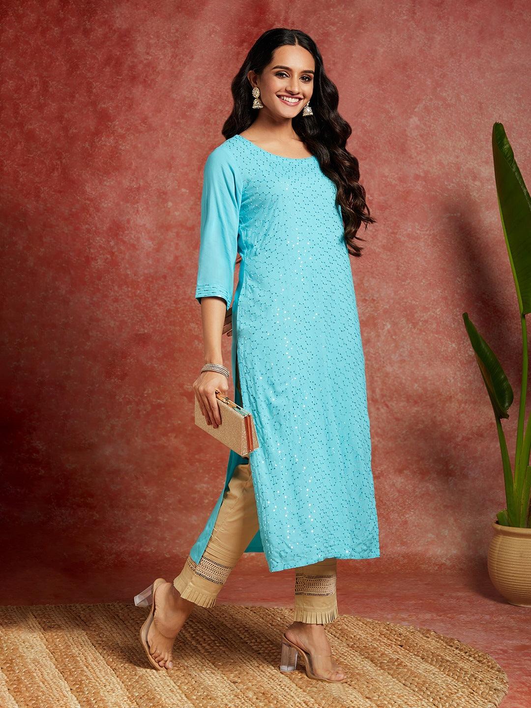 Blue Embellished Rayon Straight Kurta