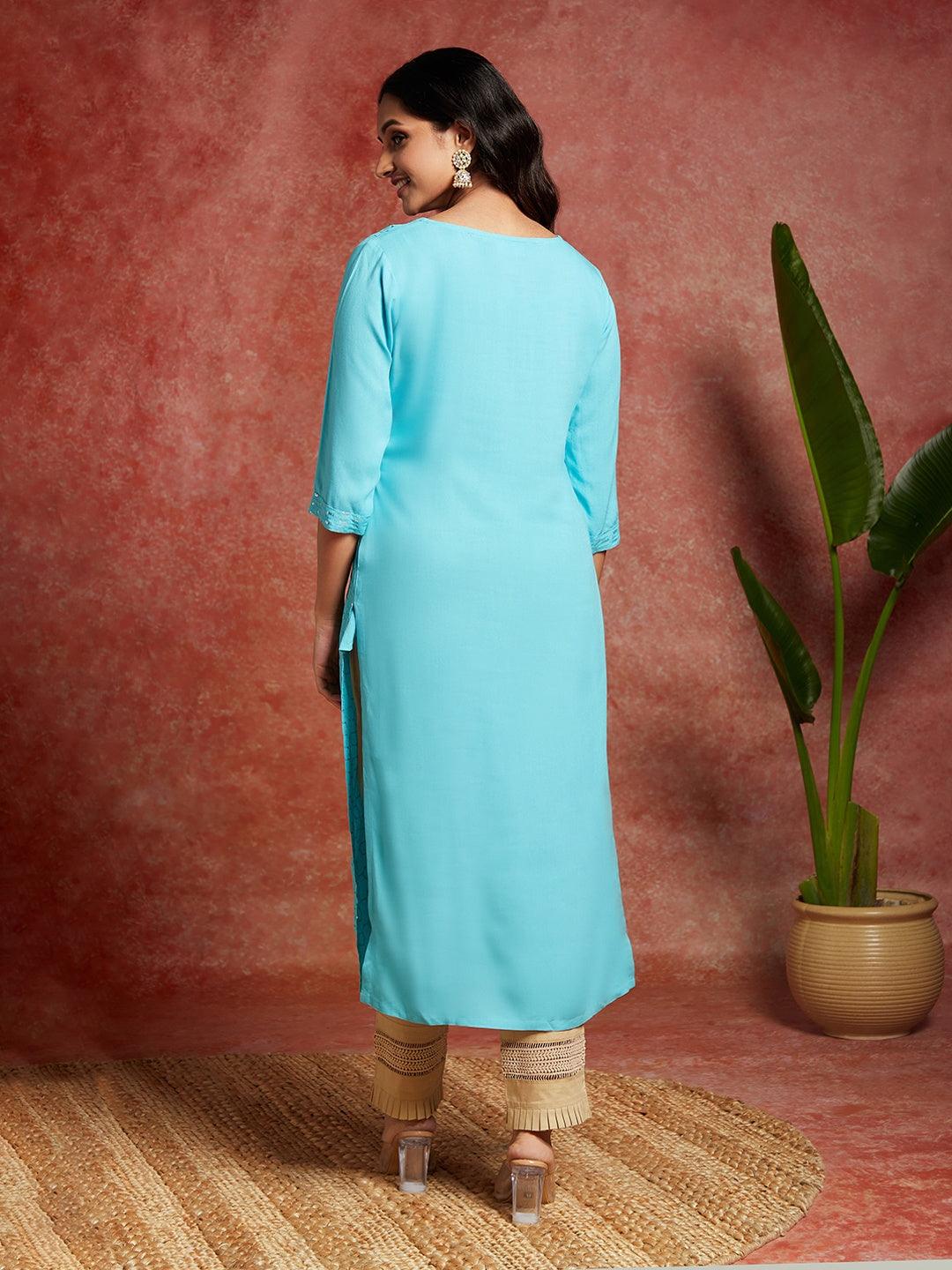 Blue Embellished Rayon Straight Kurta