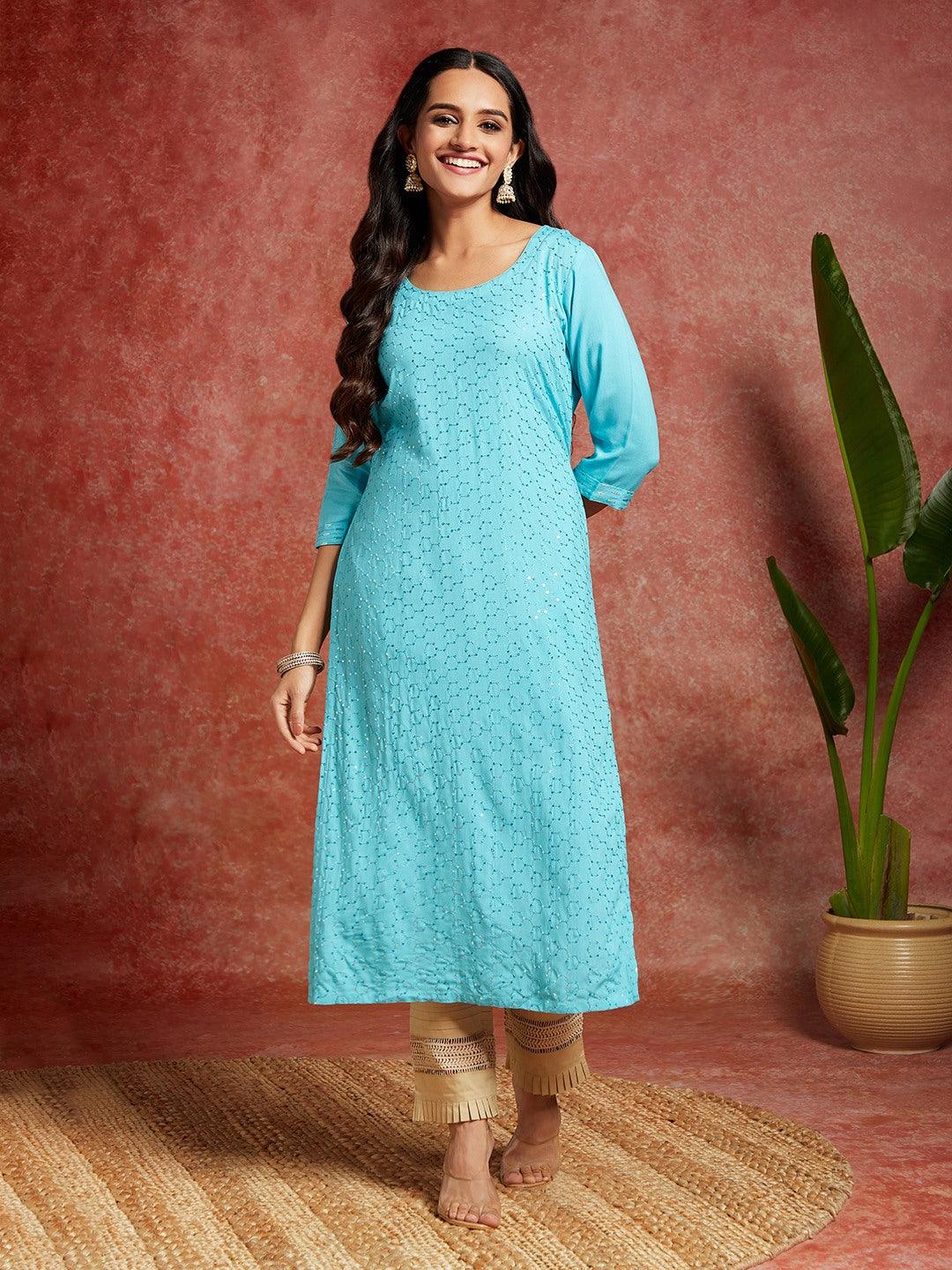 Blue Embellished Rayon Straight Kurta