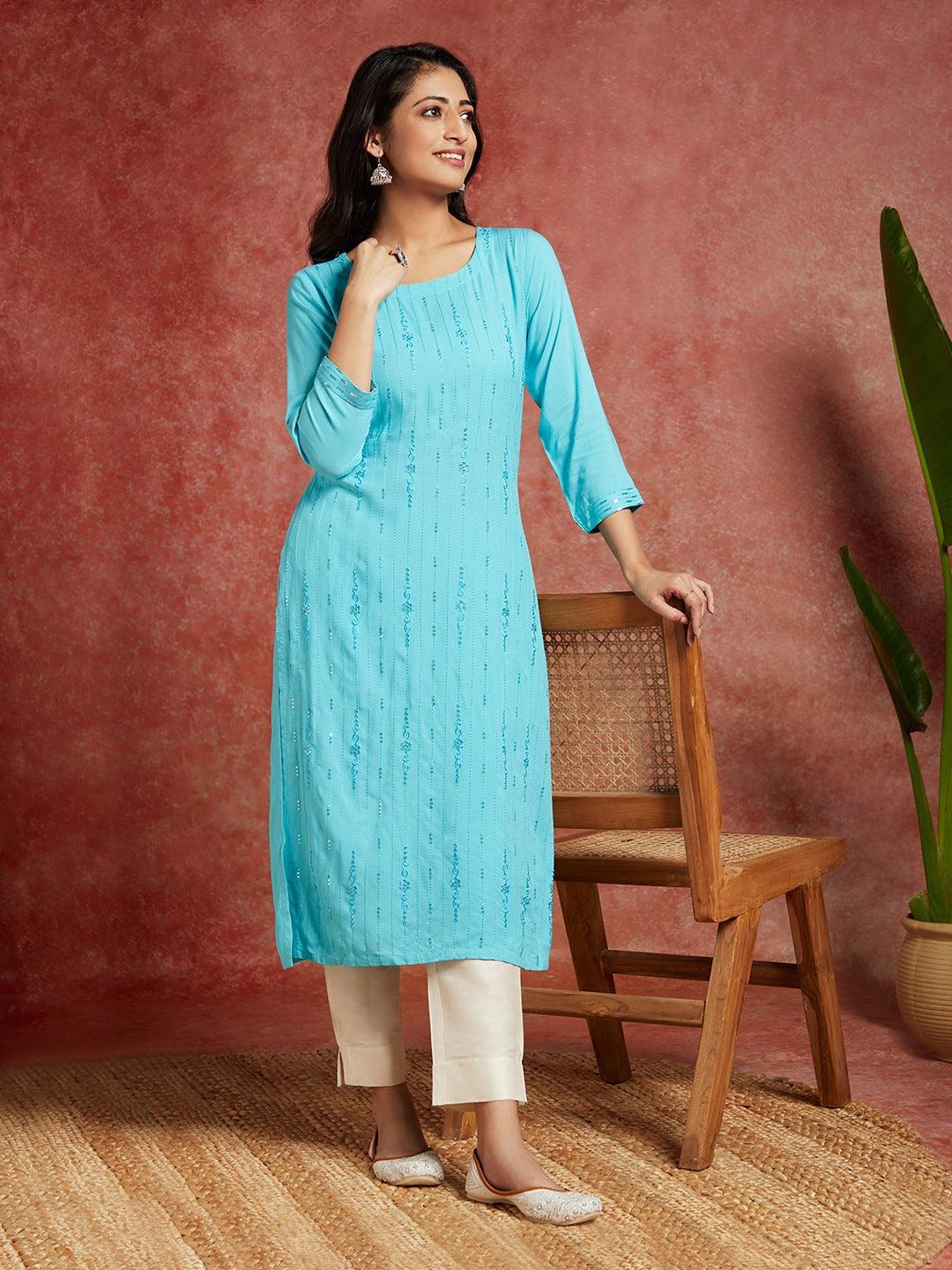 Blue Embroidered Rayon Straight Kurta