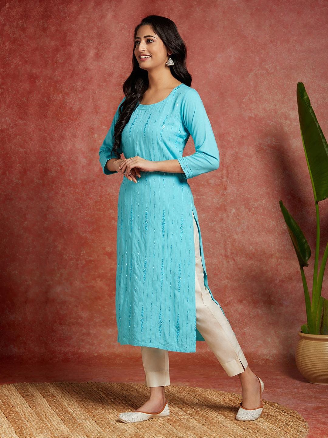 Blue Embroidered Rayon Straight Kurta