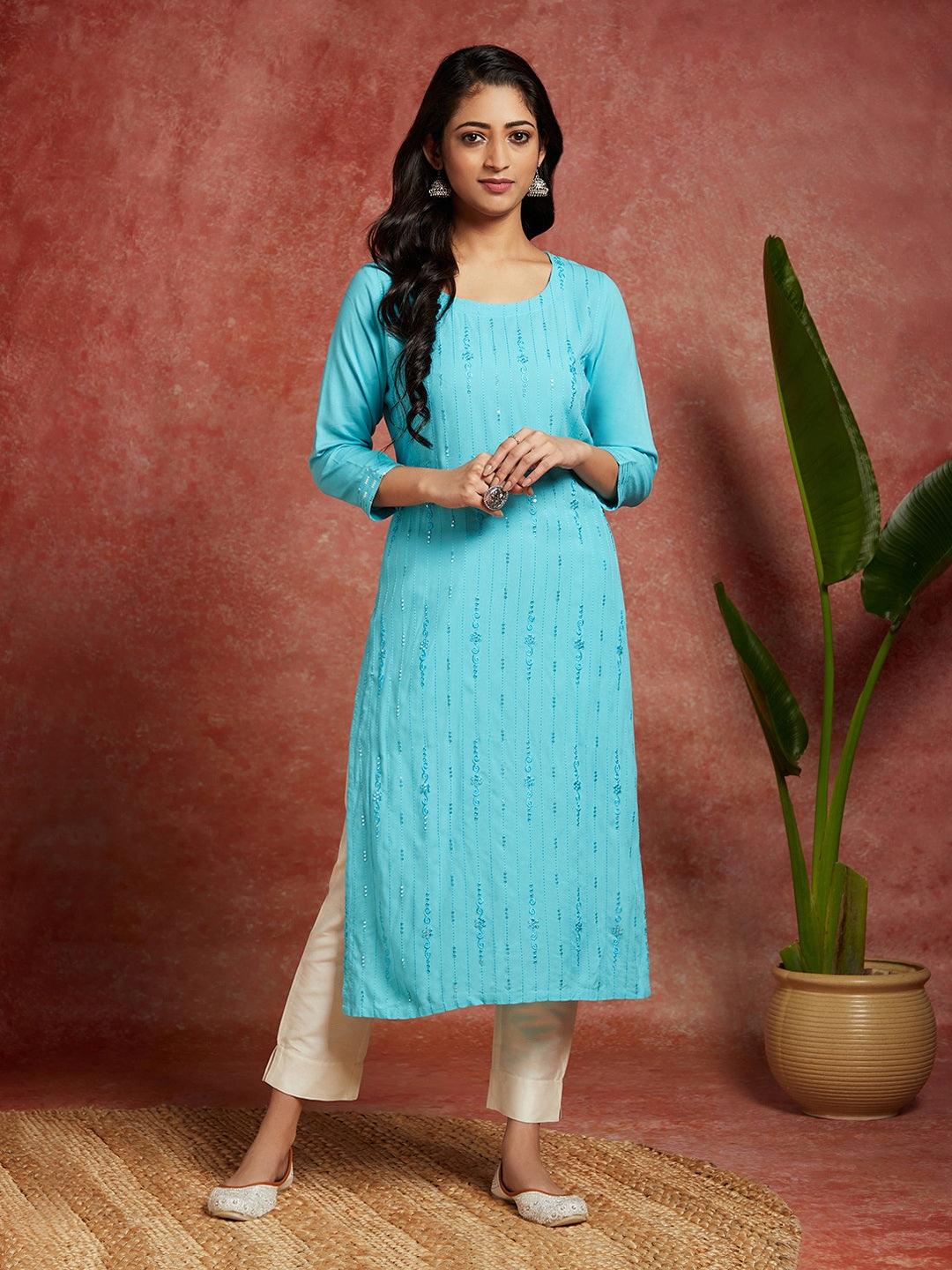 Blue Embroidered Rayon Straight Kurta