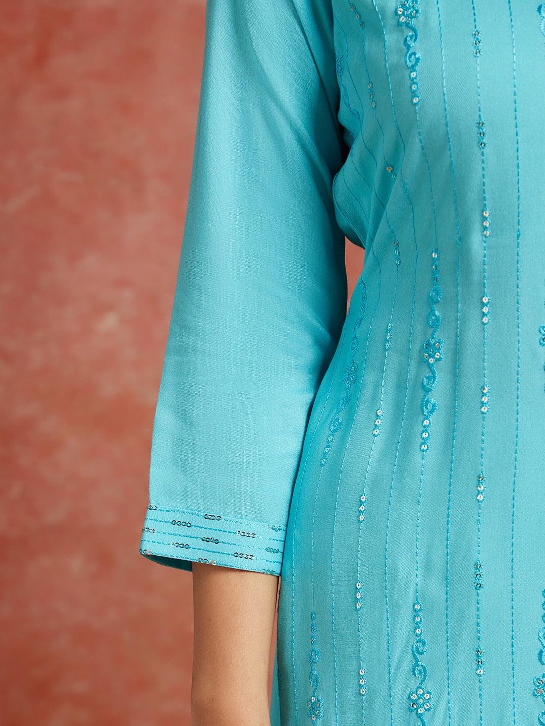 Blue Embroidered Rayon Straight Kurta