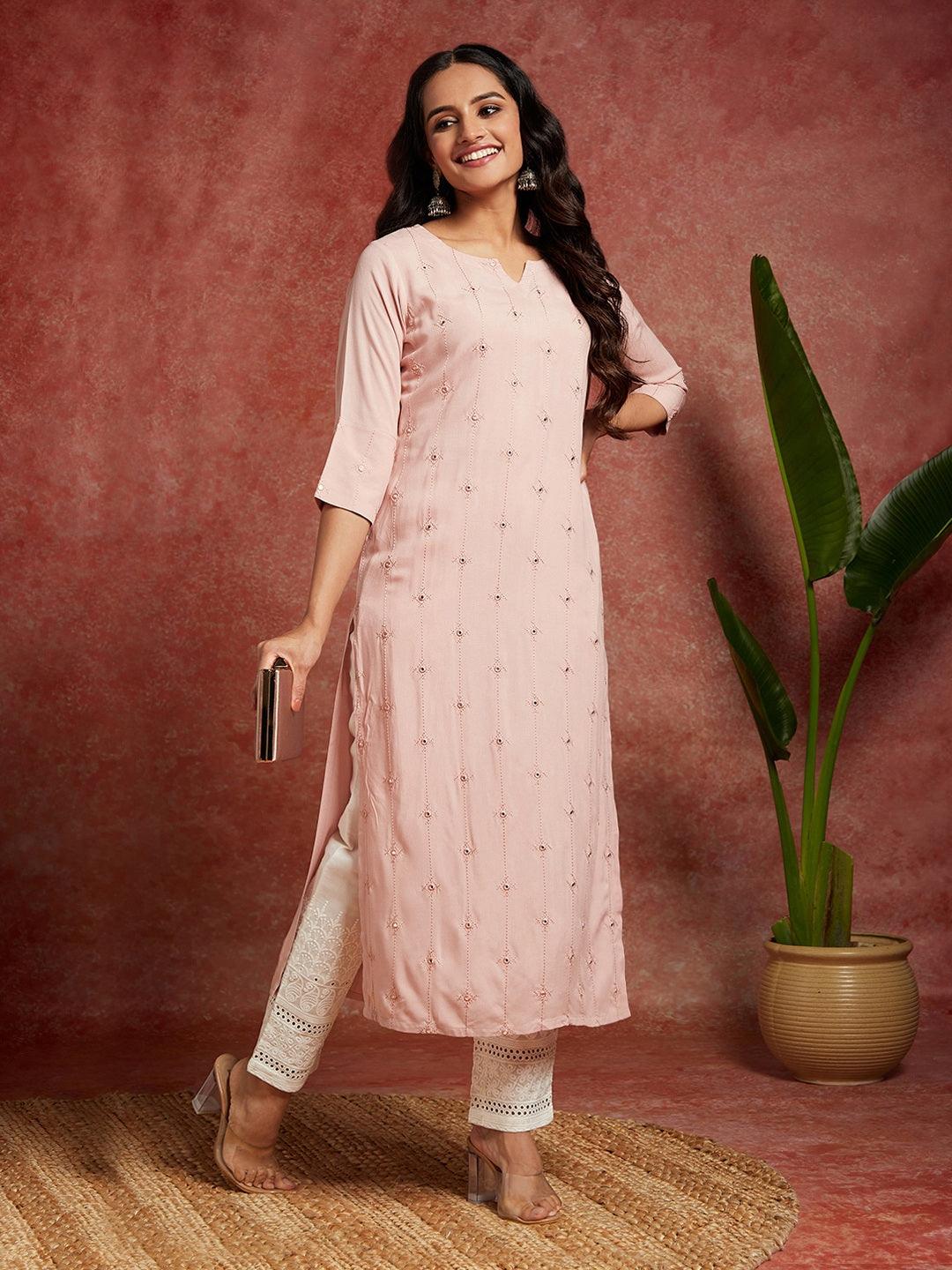 Pink Embroidered Rayon Straight Kurta