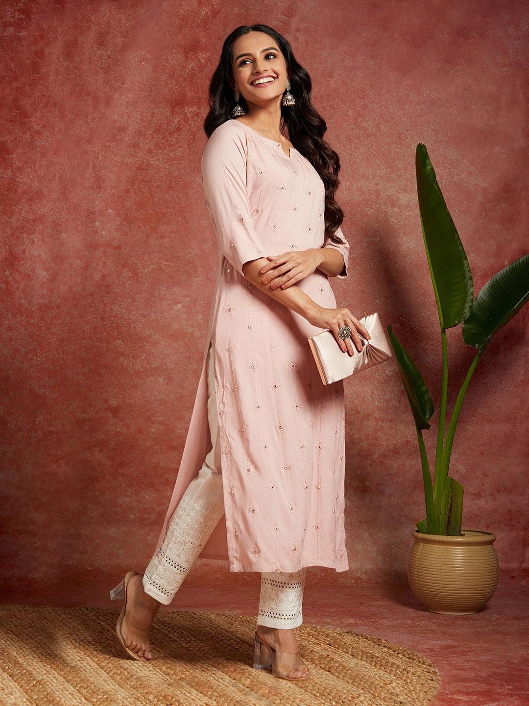 Pink Embroidered Rayon Straight Kurta