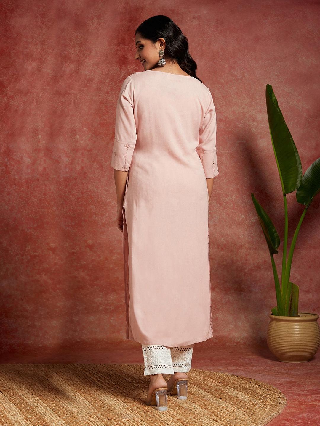 Pink Embroidered Rayon Straight Kurta