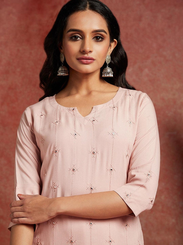 Pink Embroidered Rayon Straight Kurta - ShopLibas