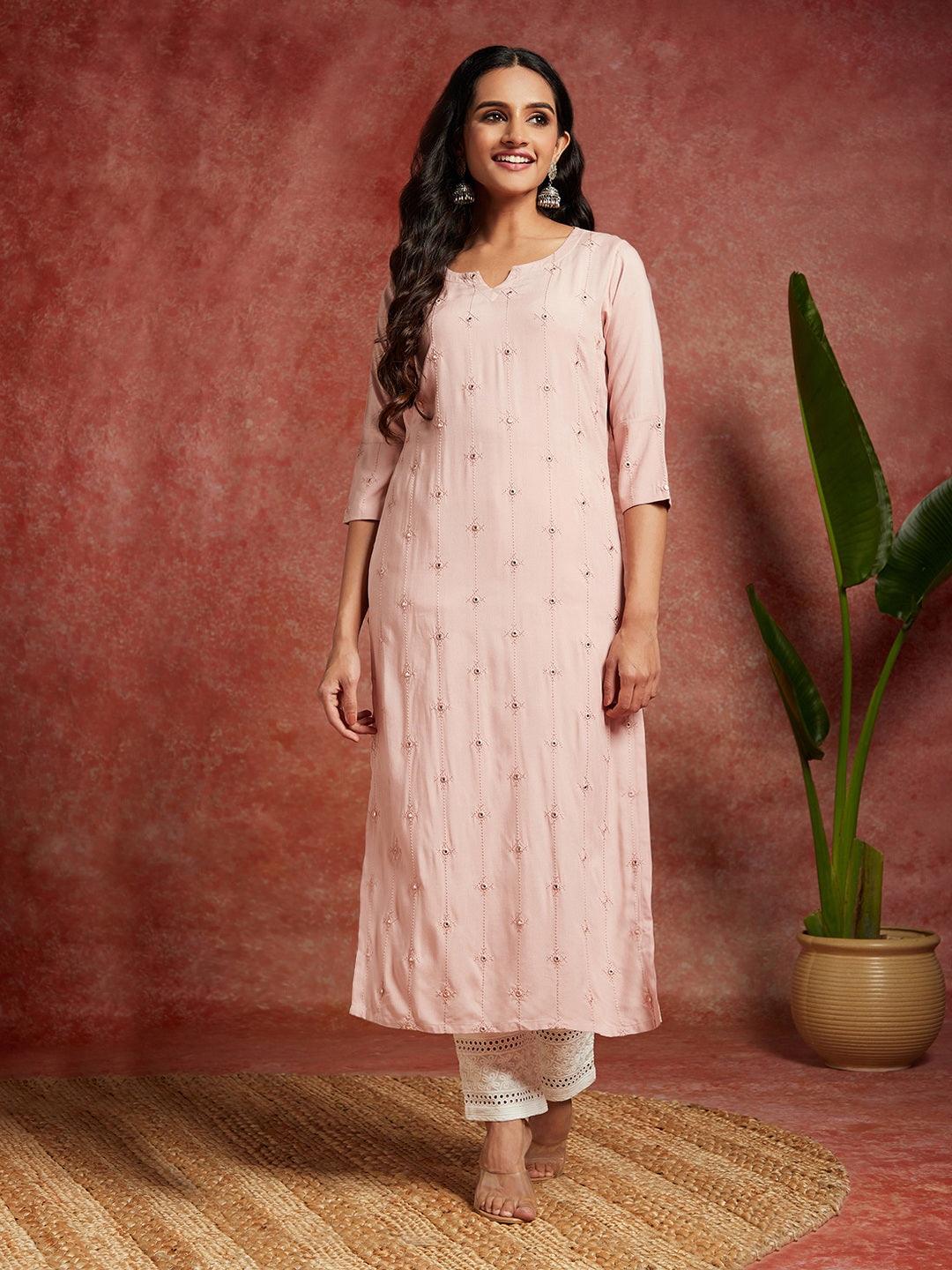 Pink Embroidered Rayon Straight Kurta