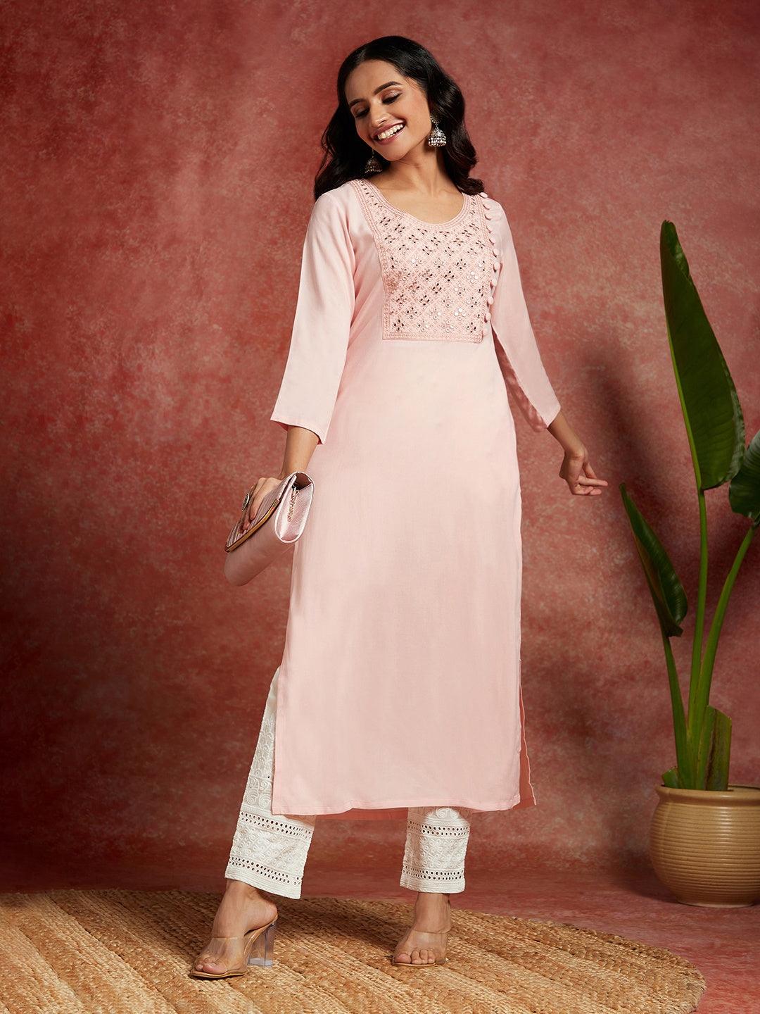 Peach Yoke Design Rayon Straight Kurta