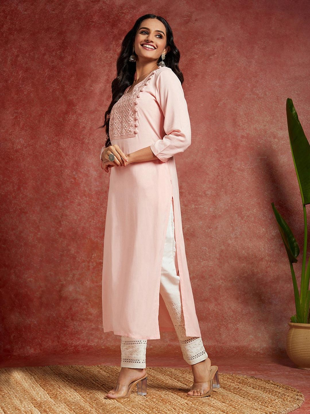 Peach Yoke Design Rayon Straight Kurta