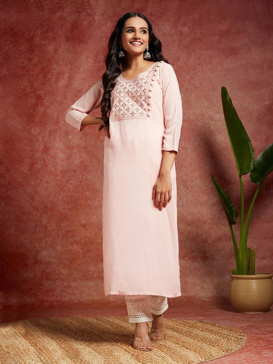 Peach Yoke Design Rayon Straight Kurta