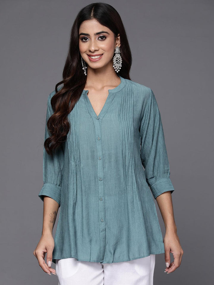 Grey Solid Cotton Blend A-Line Kurti - ShopLibas