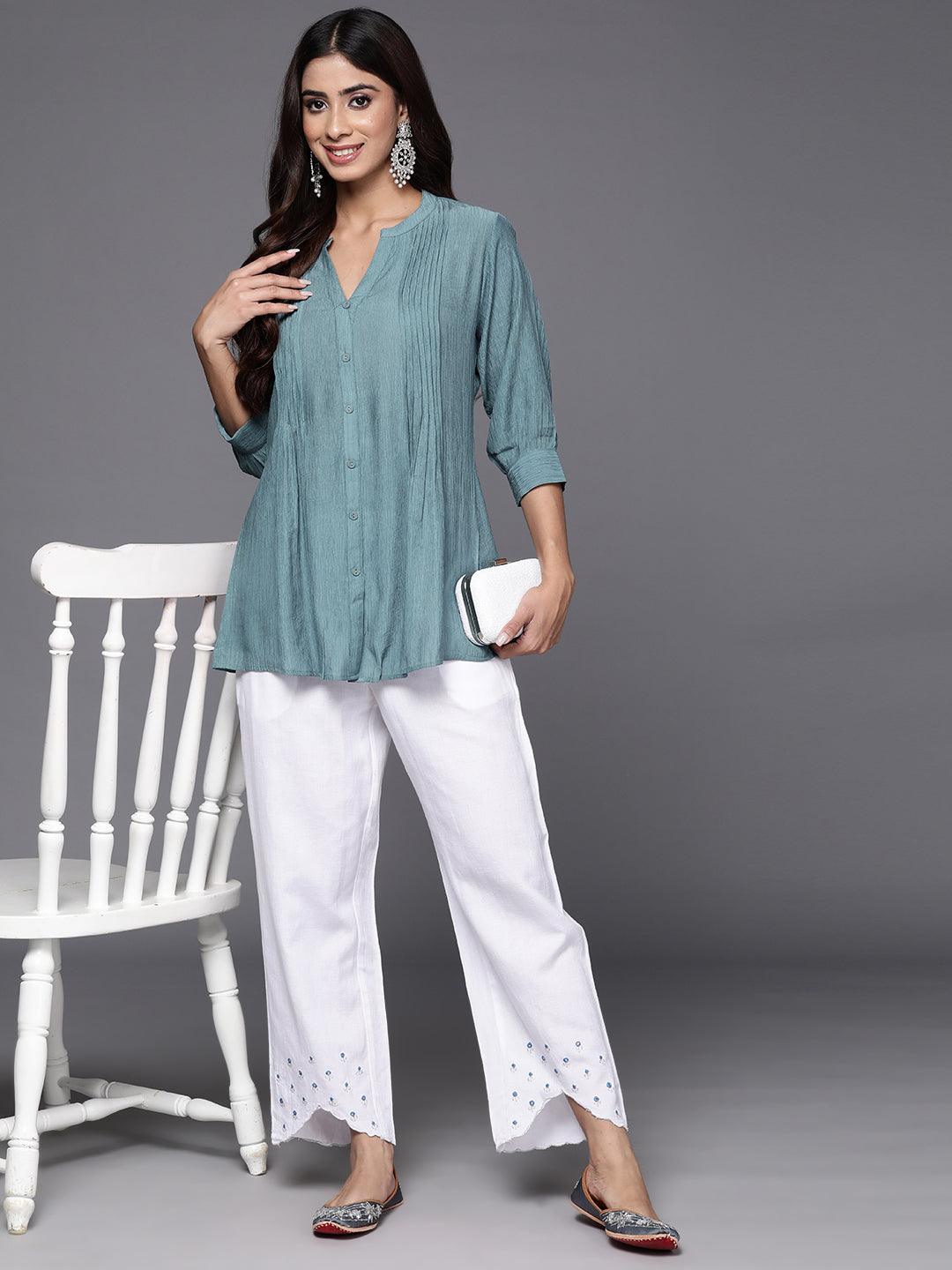 Grey Solid Cotton Blend A-Line Kurti - ShopLibas