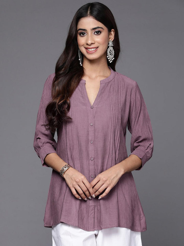 Mauve Solid Cotton Blend A-Line Kurti - ShopLibas