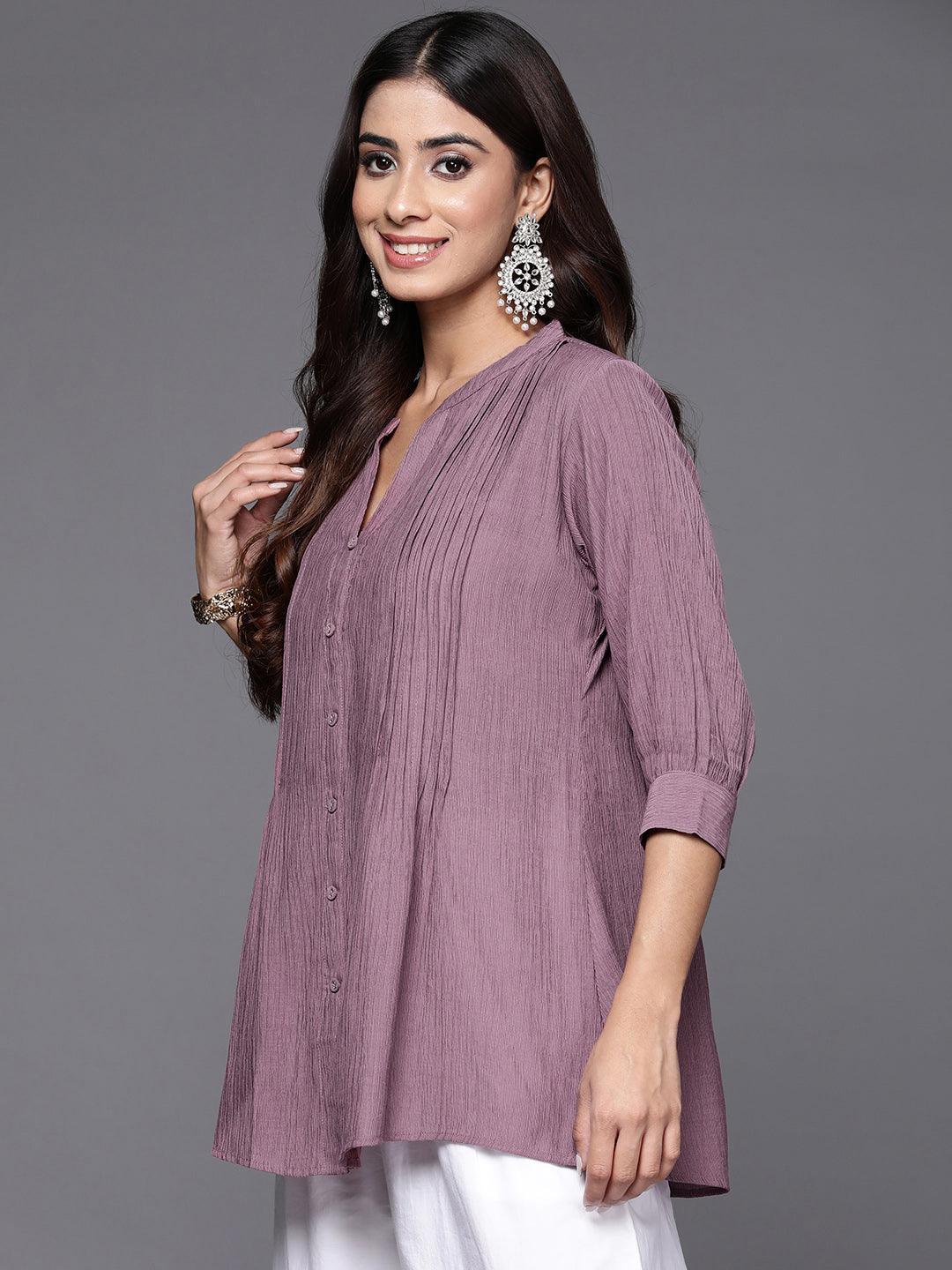 Mauve Solid Cotton Blend A-Line Kurti - ShopLibas