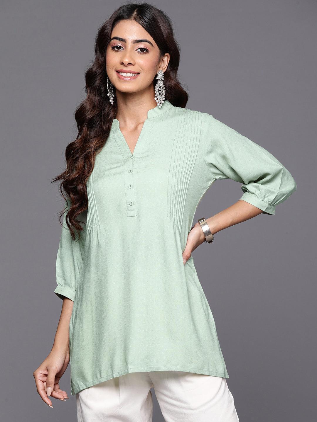 Green Woven Design Rayon Straight Kurti