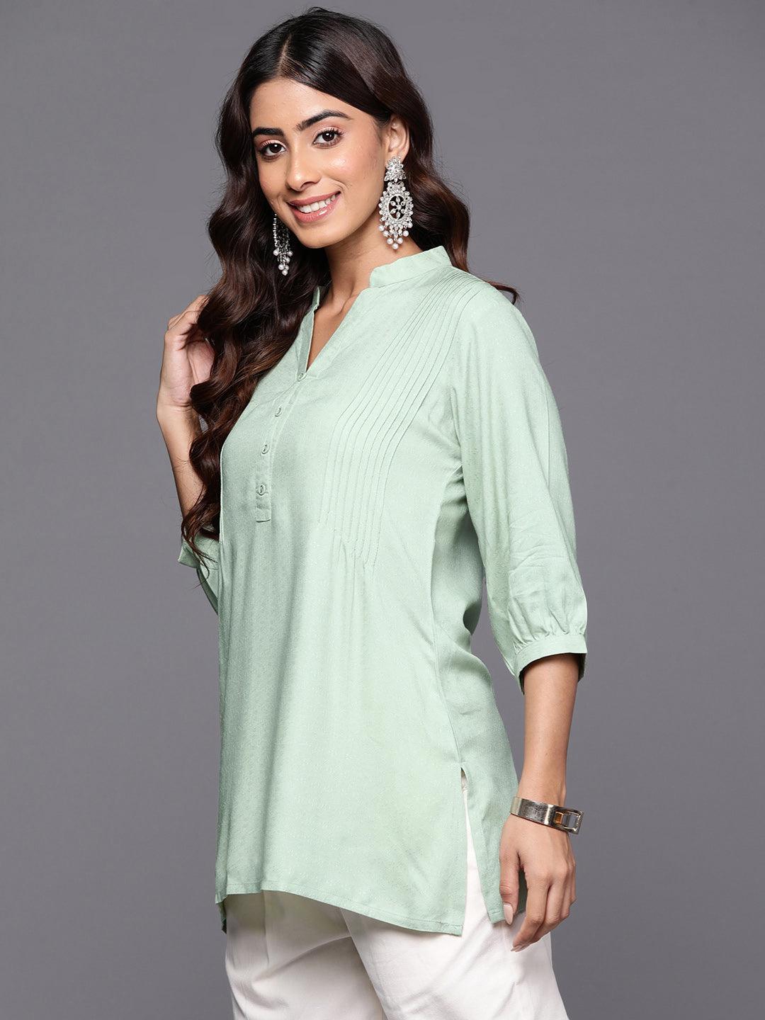 Green Woven Design Rayon Straight Kurti