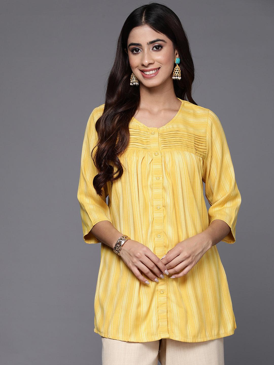 Yellow Striped Rayon Straight Kurti