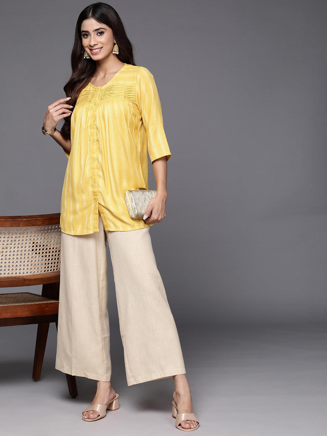 Yellow Striped Rayon Straight Kurti