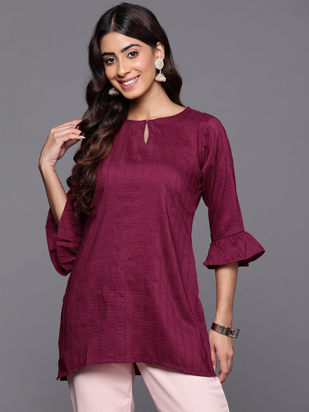 Wine Striped Silk Blend Straight Kurti