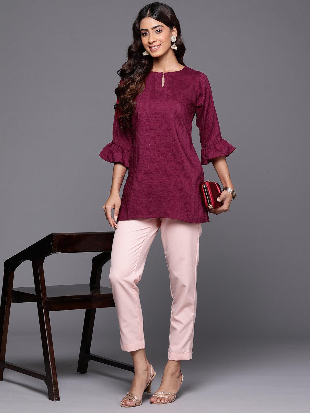 Wine Striped Silk Blend Straight Kurti