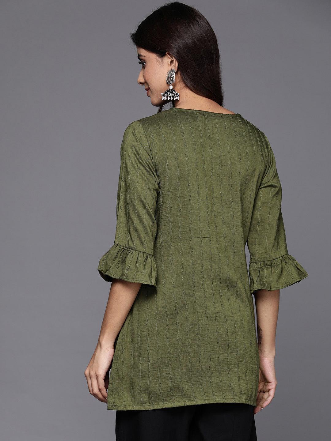 Olive Striped Silk Blend Straight Kurti