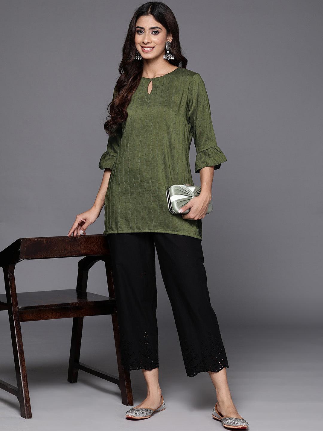 Olive Striped Silk Blend Straight Kurti