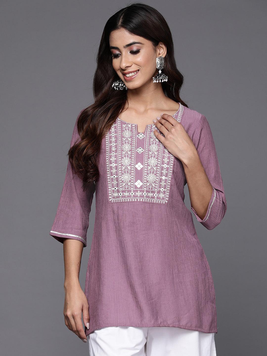 Mauve Yoke Design Cotton Blend Straight Kurti