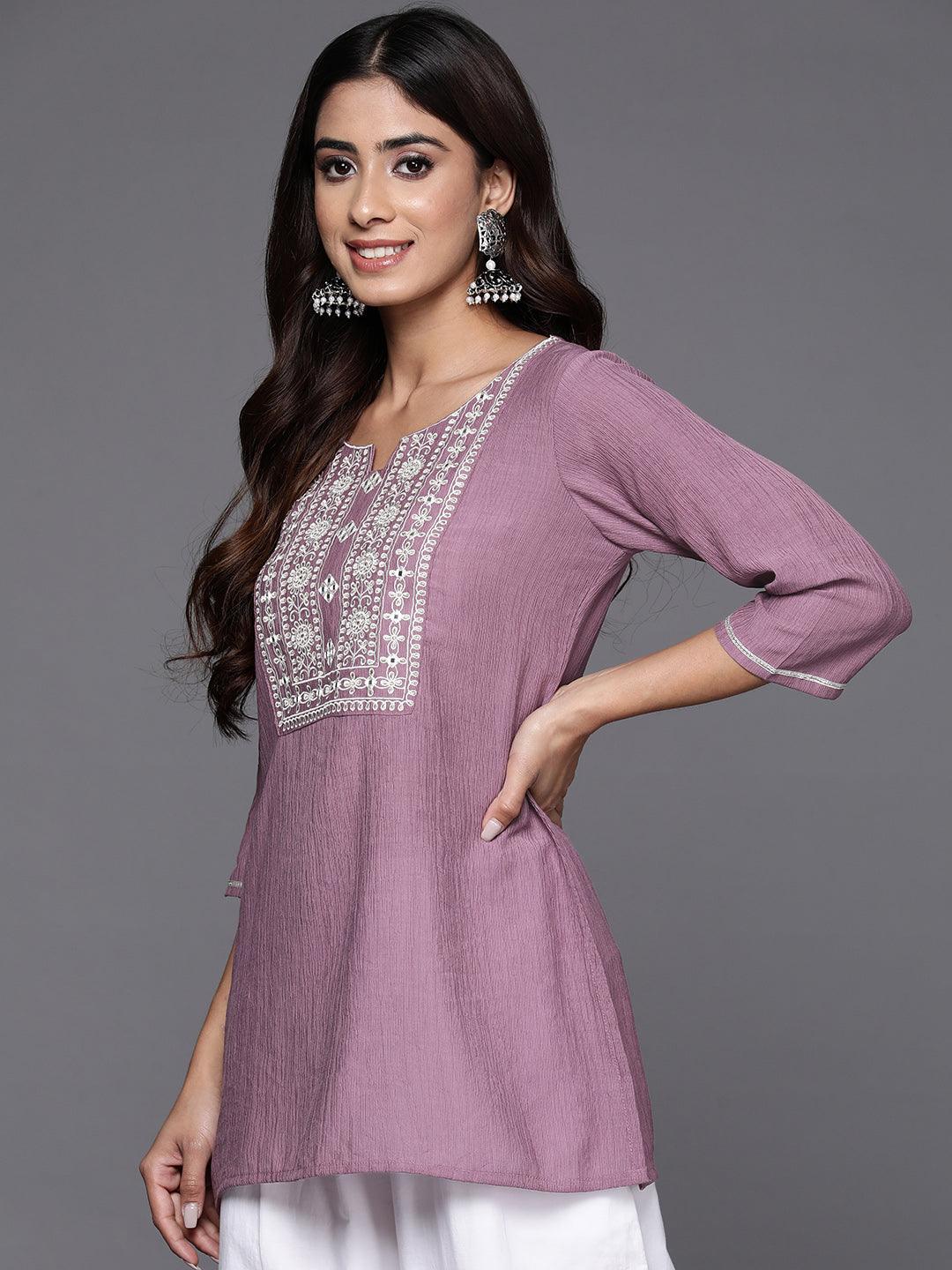 Mauve Yoke Design Cotton Blend Straight Kurti