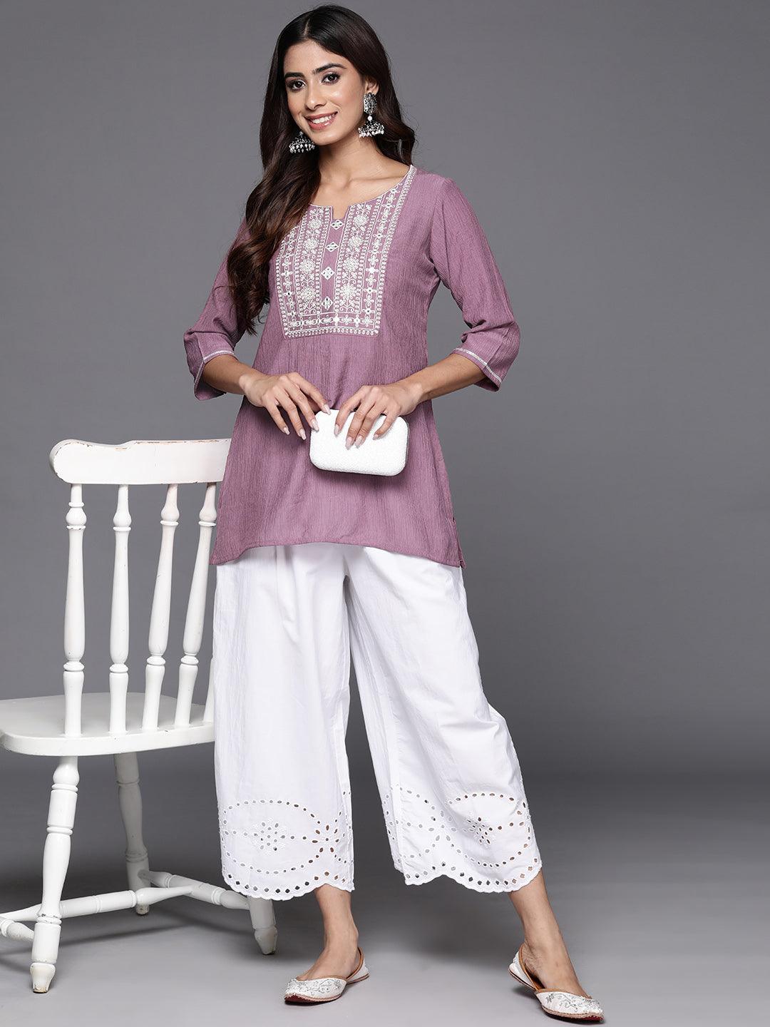 Mauve Yoke Design Cotton Blend Straight Kurti