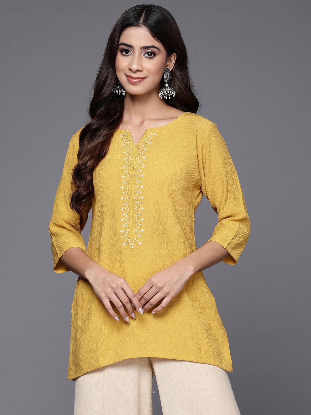 Yellow Yoke Design Cotton Blend Straight Kurti - ShopLibas