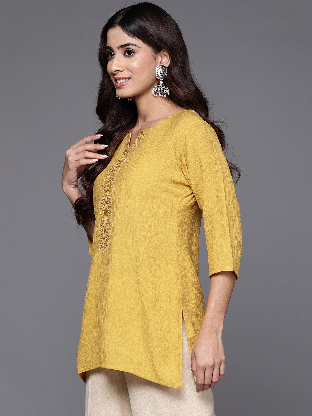 Yellow Yoke Design Cotton Blend Straight Kurti - ShopLibas