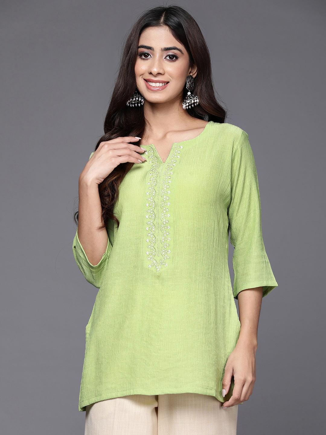 Green Yoke Design Cotton Blend Straight Kurti - ShopLibas