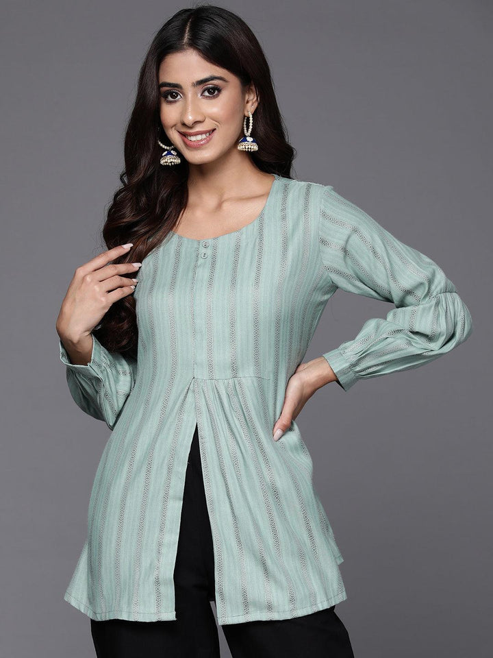 Green Woven Design Rayon A-Line Kurti - ShopLibas