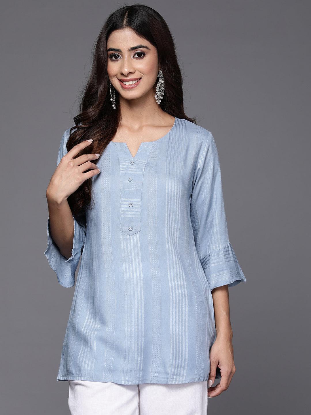 Blue Striped Rayon A-Line Kurti