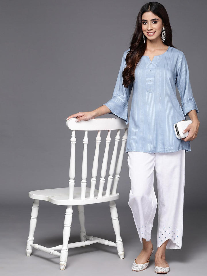 Blue Striped Rayon A-Line Kurti - ShopLibas