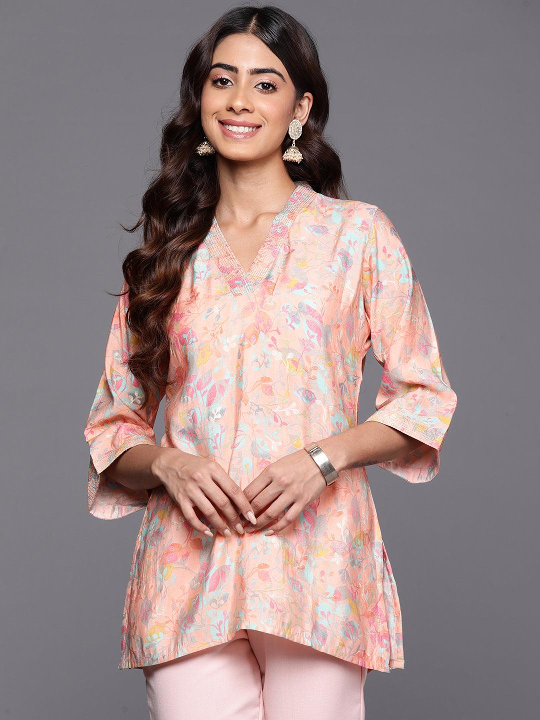 Peach Printed Silk Blend Straight Kurti - ShopLibas