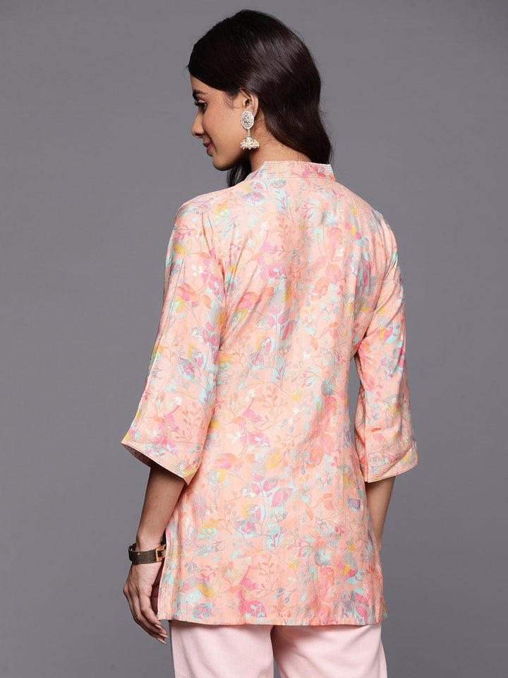 Peach Printed Silk Blend Straight Kurti - ShopLibas