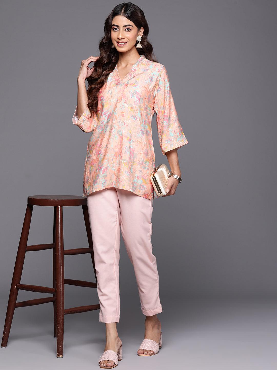 Peach Printed Silk Blend Straight Kurti