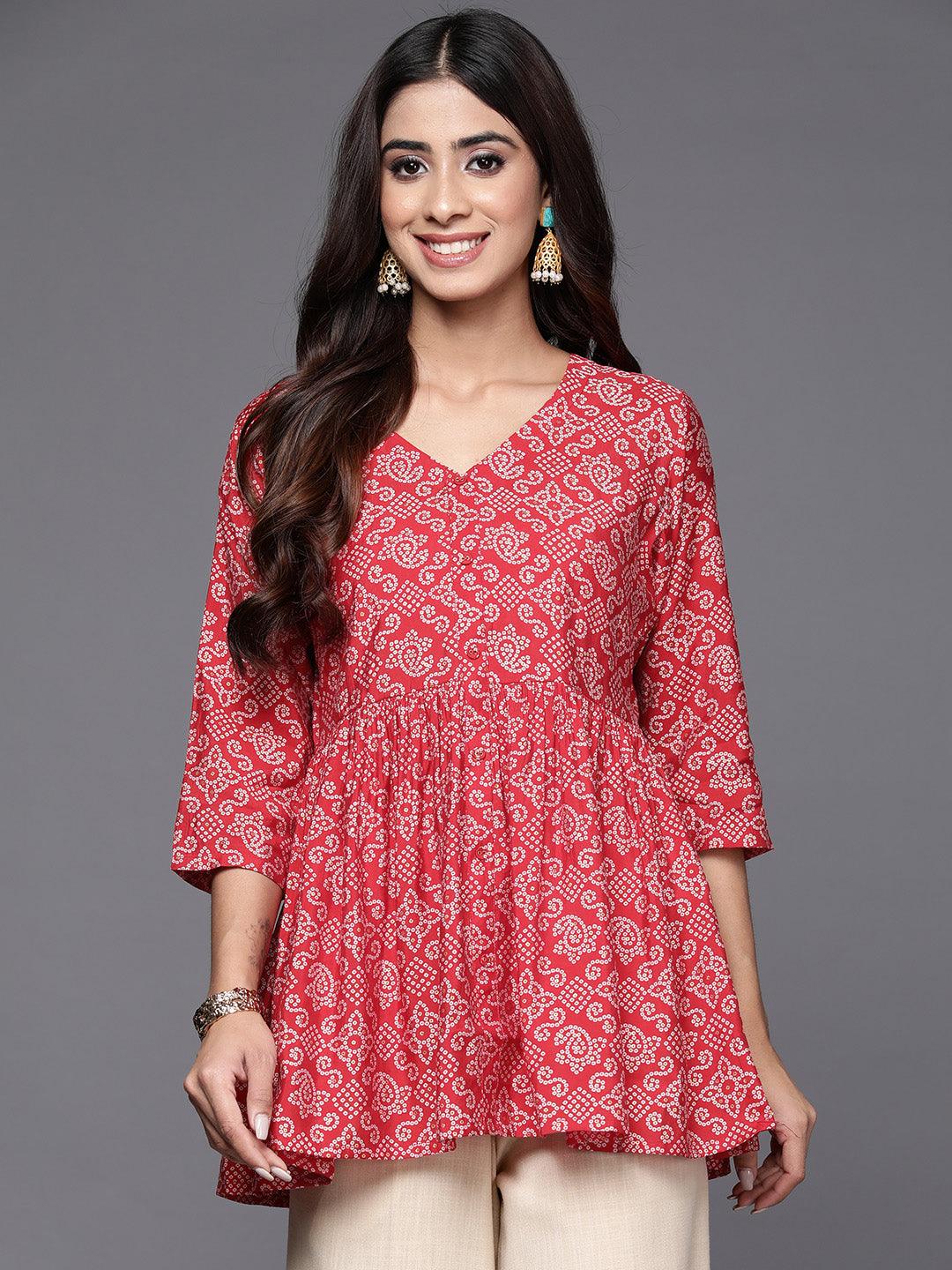 Red Printed Silk Blend A-Line Kurti - ShopLibas