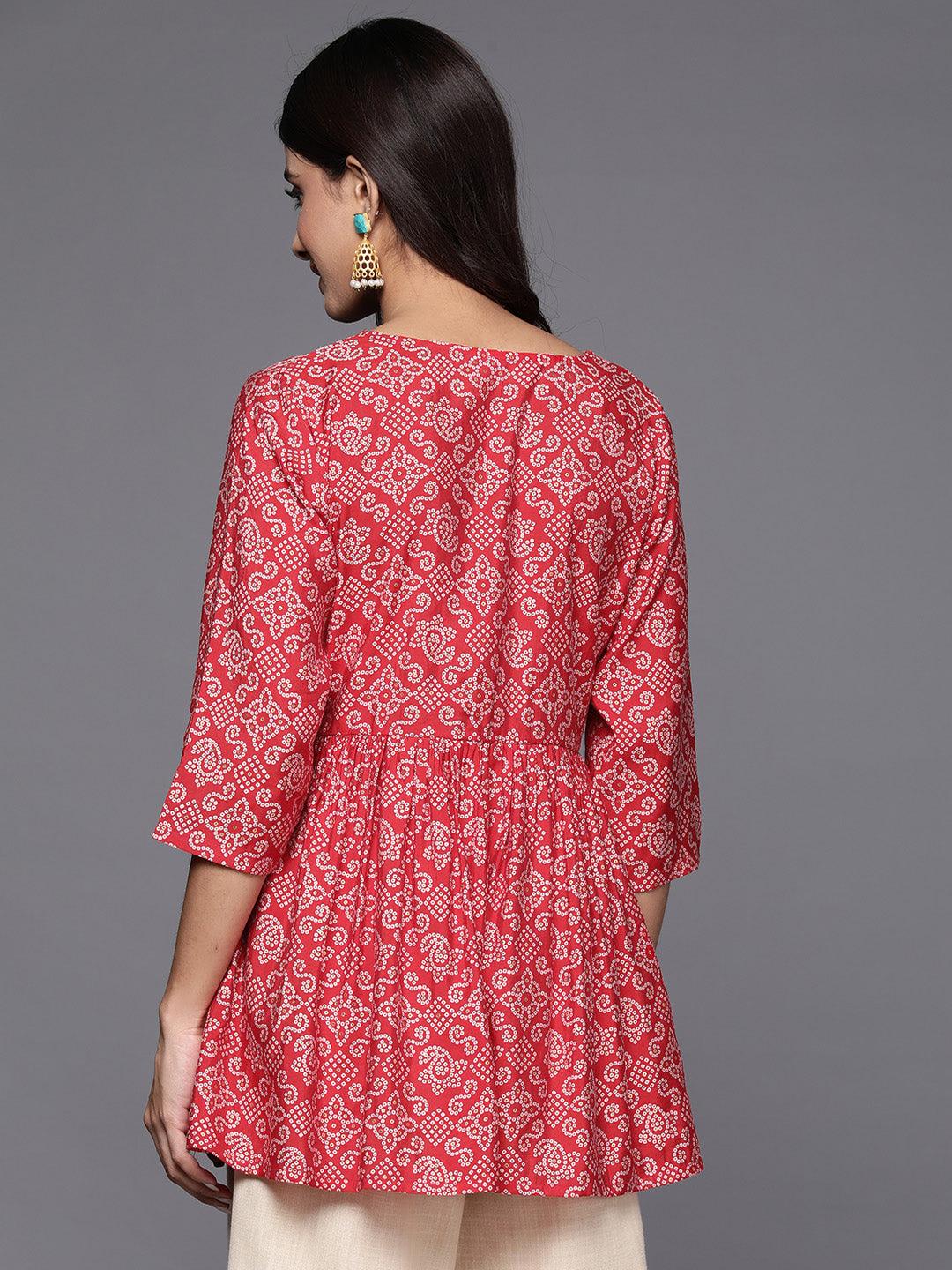 Red Printed Silk Blend A-Line Kurti - ShopLibas