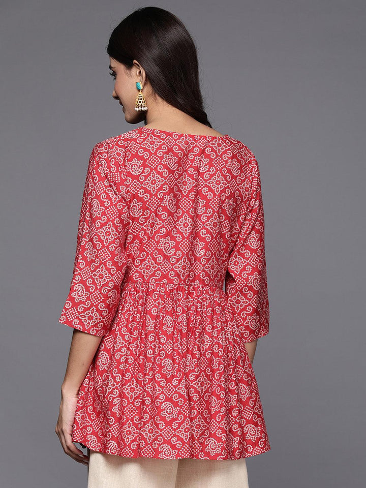 Red Printed Silk Blend A-Line Kurti - ShopLibas