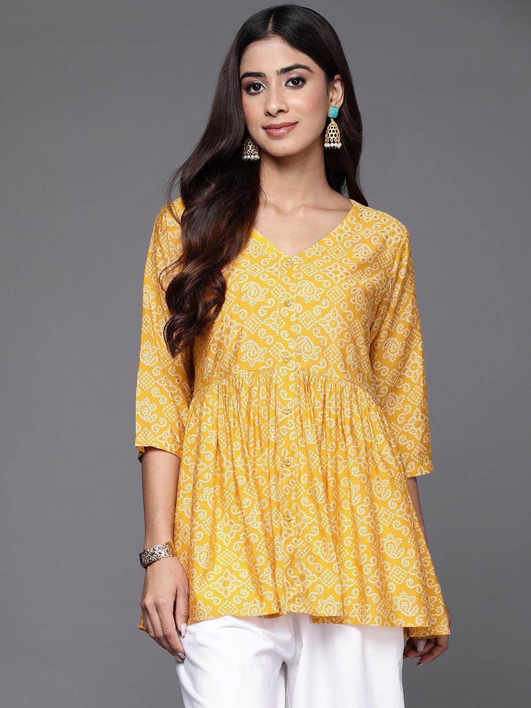 Yellow Printed Silk Blend A-Line Kurti